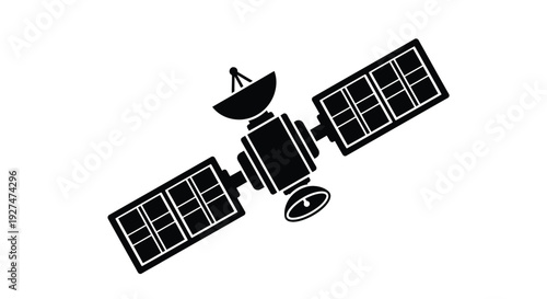 A simplified black silhouette of a communications satellite in space