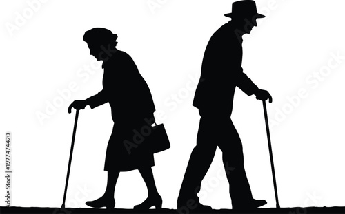 Elderly couple silhouette illustration, senior man and woman walking with cane isolated on white background black icon