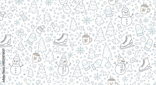 A delightful black and white line art pattern of various Christmas elements and winter holiday symbols.