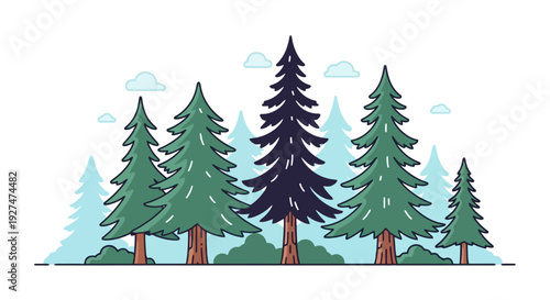 A collection of stylized evergreen trees in a forest setting.