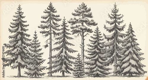 A collection of various sized pine trees in a forest setting.
