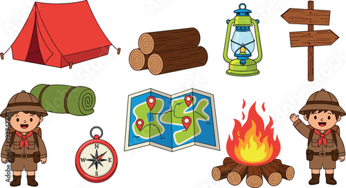 Camping and scout adventure element set with tent, campfire, map and equipment, cute cartoon flat vector illustration for outdoor, travel and kids design