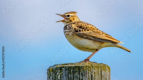 skylark. Skylark singing atop a tall utility pole against clear blue sky. wildlife magazines, conservation campaigns, designed for eco-tourism storytelling, supports conservation.
