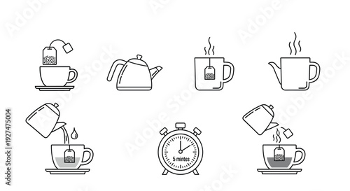 Step by step instruction icons for making tea including using a kettle steeping the bag and pouring into a cup.