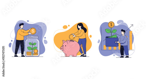 Diverse financial growth concepts featuring people saving money in jars piggy banks and wallets for investment.