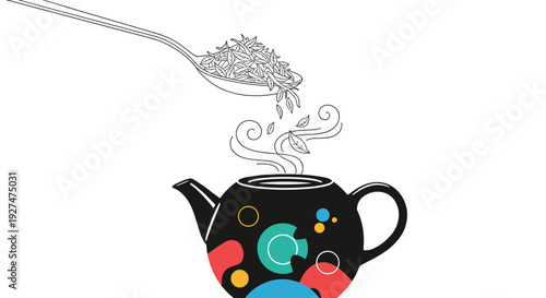 Loose tea leaves being poured from a spoon into a stylish black teapot with artistic colorful patterns and steam.
