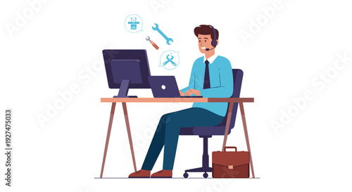 Customer support representative wearing a headset working at a desk with computer and floating technical tool icons.
