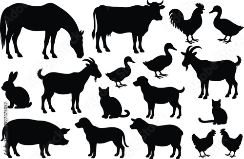 Farm animal silhouettes collection, domestic livestock vector illustration set isolated on white background for logo design, clipart, branding