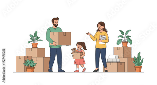 Happy family including parents and a child carrying boxes while moving into a new home with indoor potted plants.