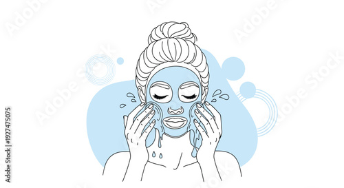 Woman washing off a blue facial clay mask with water splashes representing a deep cleansing skin care routine.