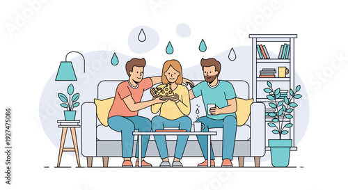 Group of friends relaxing on a comfortable sofa eating pizza and drinking coffee together in a cozy living room.