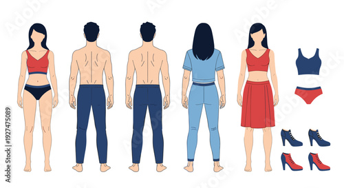 Character design reference sheet showing front and back views of a man and woman in athletic wear with extra clothes.