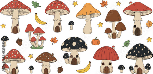 Cute Autumn Mushrooms Collection with Toadstools Leaves and Forest Elements Vector Set