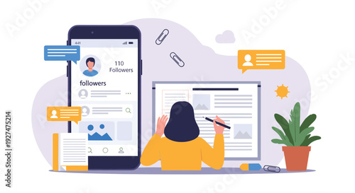 Social media manager working on digital content with a large smartphone screen showing a profile and followers.