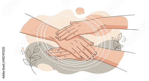 Illustration of hands receiving a gentle massage or therapeutic treatment on a soft colored abstract background.
