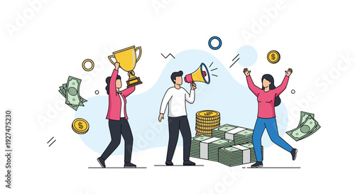 Team of professionals celebrating a major success with a trophy megaphone and piles of money in an office setting.