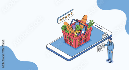 Online grocery shopping concept with a full basket of fresh food items placed on top of a large smartphone screen.