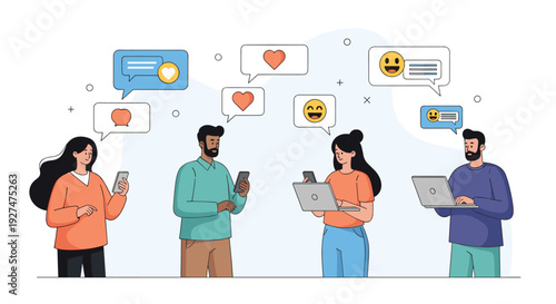 Group of diverse people using laptops and smartphones to communicate through various social media chat bubbles.
