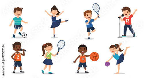 Set of active children participating in sports like soccer tennis basketball and activities like singing or ballet.