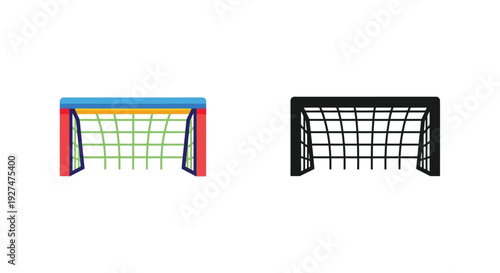 Two soccer goal illustrations one colorful one monochrome