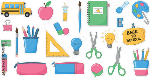 Back to School Supplies Collection with Bus, Apple, Notebook and Classroom Tools Flat Vector Illustration Set