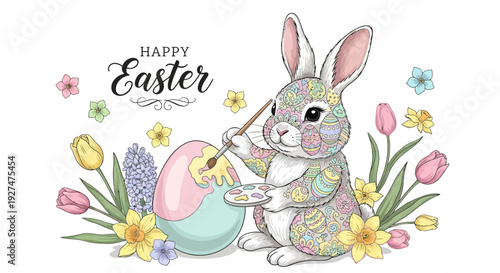 An adorable Easter bunny painting colorful eggs with a brush surrounded by vibrant spring flowers and foliage on a clean white background.