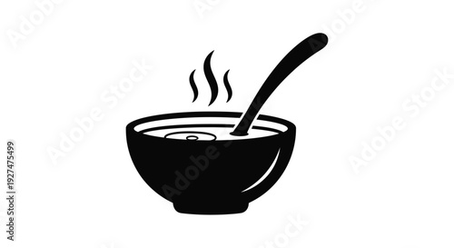 A black and white illustration of a bowl of hot soup with a spoon