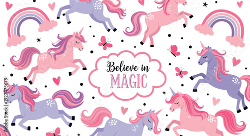 Believe in Magic Unicorn Pattern with Rainbows, Hearts and Butterflies Cute Fantasy Flat Vector Illustration