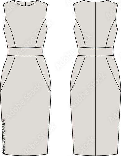 Sleeveless sheath dress technical fashion flat sketch with waist band detail, front and back view apparel template design for womenswear collection