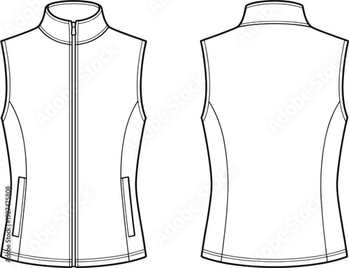 Sleeveless zip front sport vest technical fashion flat sketch, front and back view, athletic outerwear apparel template