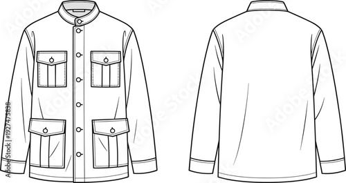 Utility field jacket technical fashion flat sketch, front and back view, long sleeve buttoned cargo outerwear apparel template illustration
