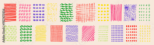 Childish hand drawn hatching doodle patterns. Vector crayon scribble lines, dotes, circles, smears, waves, stripes, brush strokes, and triangles. Colored kids icon fill textures, lattice elements bg