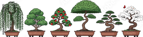 Bonsai Tree Collection with Different Miniature Japanese Plants in Pots Detailed Flat Vector Illustration Set