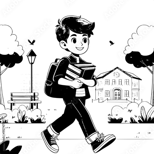 Black and White Vector SVG of a Boy Walking to School