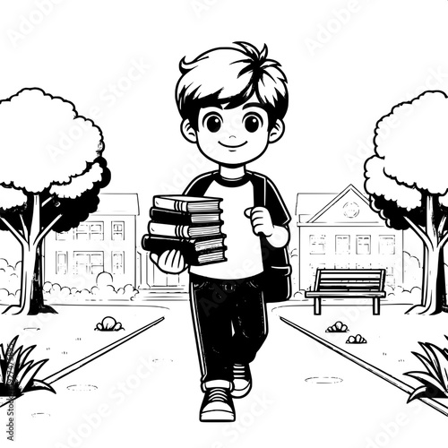 Black and White Vector SVG of a Boy Walking to School