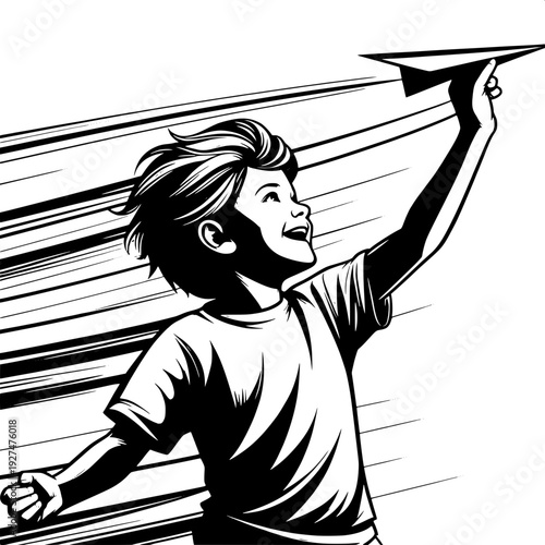 Black and White Vector SVG of a Boy Flying a Paper Plane
