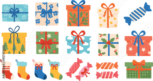 Christmas Gift Boxes and Holiday Sweets Collection with Presents, Stockings and Wrapped Candies Flat Vector Illustration Set