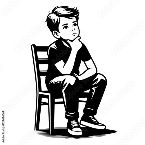 Black and White Vector SVG of a Boy Sitting and Thinking
