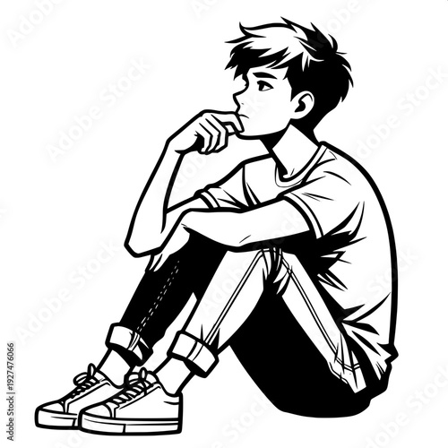 Black and White Vector SVG of a Boy Sitting and Thinking

