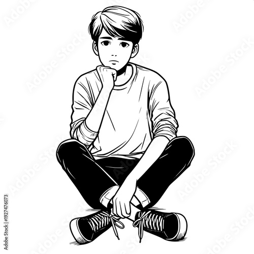 Black and White Vector SVG of a Boy Sitting and Thinking
