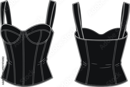 Women corset top technical fashion flat sketch with structured cups and wide straps, front and back view apparel template