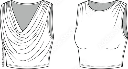 Women draped cowl neck sleeveless top technical fashion flat sketch, front and back view, elegant blouse apparel template