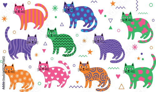 Colorful Patterned Cats Collection with Decorative Stripes and Dots Cute Cartoon Flat Vector Illustration Set