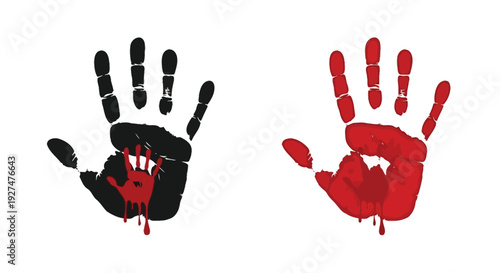 Two bloody handprints one black one red with dripping effects