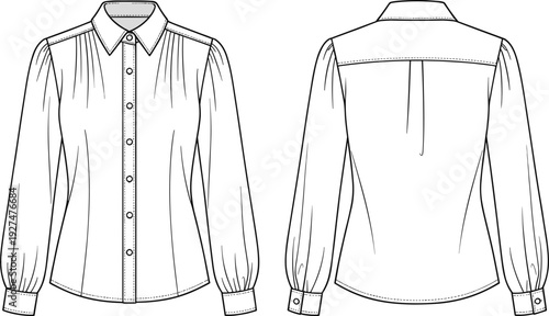 Women long sleeve button up blouse technical fashion flat sketch, front and back view, collared shirt apparel template illustration