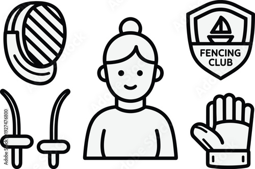 Fencing sport outline icon set, mask swords glove athlete avatar and club badge vector illustration isolated on white