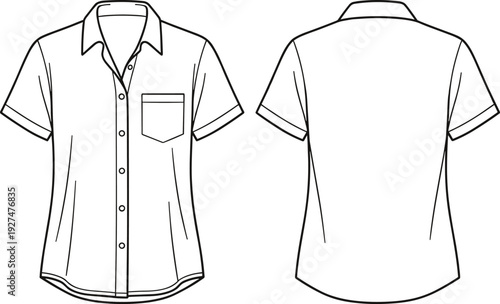 Women short sleeve button up shirt technical fashion flat sketch, front and back view, casual collared blouse apparel template