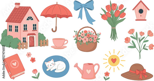 Cozy Home and Garden Elements Collection with Flowers, Teacup, Watering Can and Cute Cat Flat Vector Illustration Set