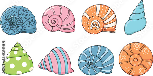 Colorful Spiral Seashell Collection Cute Pastel Ocean Shells Vector Illustration Set