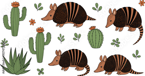 Cute Armadillo and Cactus Collection Desert Wildlife Cartoon Flat Vector Illustration Set